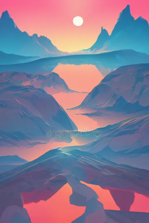 Image similar to sunrise mountain water vector illustration concept art digital art by james gilleard trending on artstation