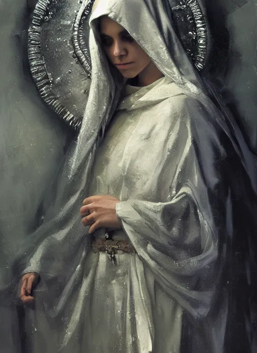 Image similar to portrait of the Virgin Mary wearing glowing silver robes with a crown of Laurel above her head that looks as though a portal to the sky, by Jeremy Mann, stylized, detailed, realistic, loose brush strokes, intricate, beautiful, flowing, soft lighting