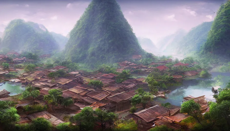 Image similar to matte painting of a beautiful tai yai village, digital art, trending on artstation