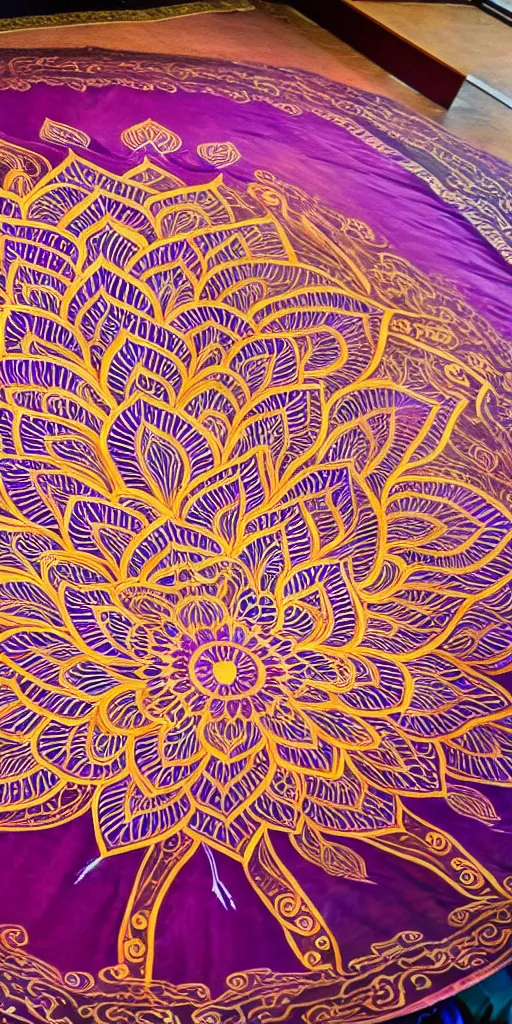 Prompt: a very intricate huge lotus mandala half painted on silk, shot by 5 0 mm f 2