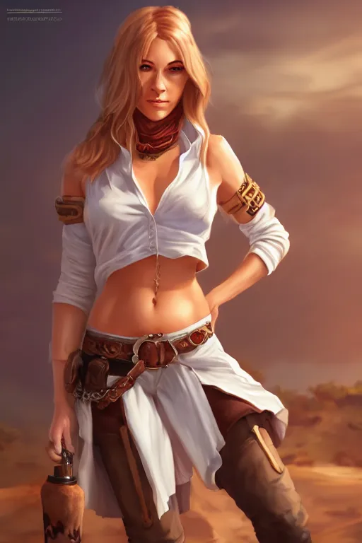 Image similar to full body, female cowgirl, perfect face, white blouse, 8 k, magic the gathering, desert, d & d, artstation, high detail, smooth, muscular