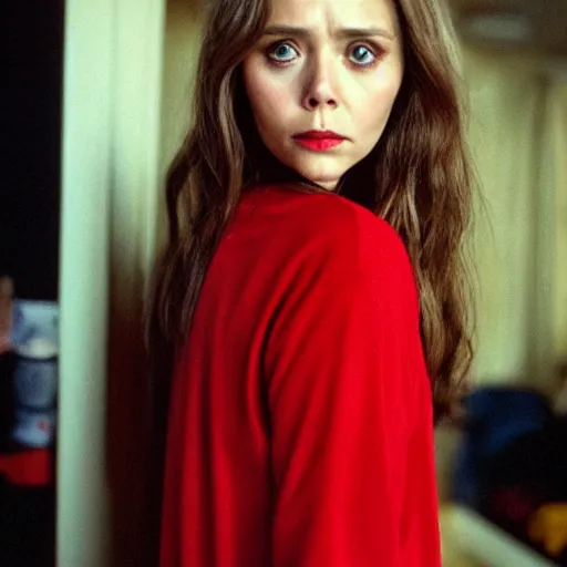 Image similar to Elizabeth olsen angry and pointing with red shirt acting, backrooms, cinematic shot, cinestill 800 t