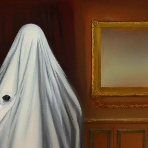 Prompt: ominous bedsheet ghost standing in the corner of a bedroom, oil painting, brush strokes, highly ornate intricate detail, gloomy mood,
