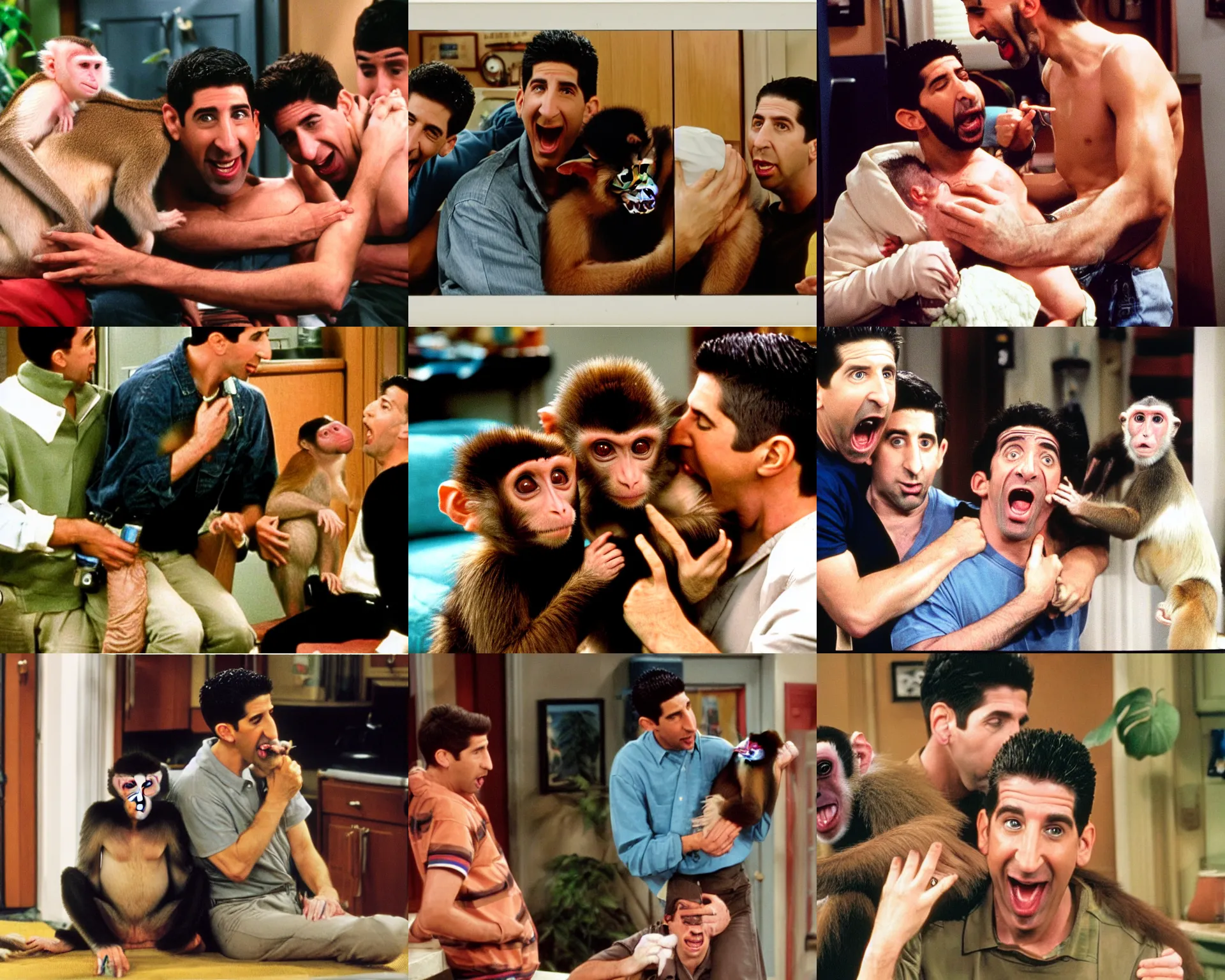 Prompt: ross geller in his apartment being bitten on the arm by a capuchin monkey, ross geller screaming, friends 9 0 s sitcom, kodak porta, medium zoom,