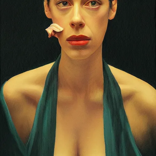 Image similar to rebecca hall portrait by edward hopper and james gilleard, zdzislaw beksinski, highly detailed