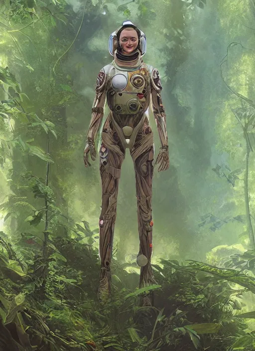 Image similar to a beautiful anatomically correct female sci-fi astronaut exploring a magical rain forest, D&D, fantasy, intricate, cinematic lighting, highly detailed, digital painting, artstation, concept art, smooth, sharp focus, illustration, art by Terry Moore and Greg Rutkowski and Alphonse Mucha