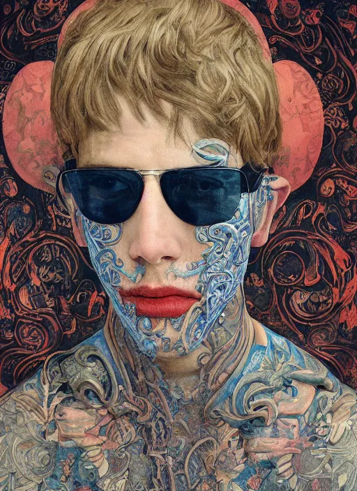 Prompt: close - up portrait of a handsome man with tattoos wearing sunglasses and a mask with colourful intricate psychodelic patterns, by edgar maxence and caravaggio and michael whelan and delacroix style, artistic, intricate drawing, light brazen, realistic fantasy, extremely detailed and beautiful aesthetic face, establishing shot, 8 k resolution, dramatic lighting