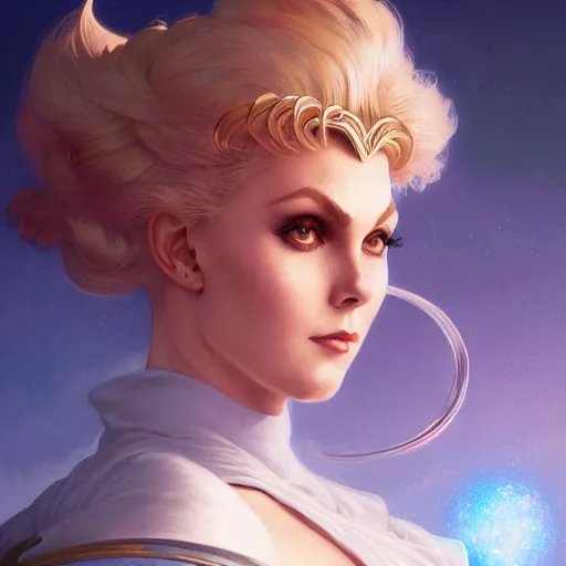 Image similar to Kim Novak as Sailor Moon, western, D&D, fantasy, intricate, elegant, highly detailed, digital painting, artstation, concept art, matte, sharp focus, illustration, art by Artgerm and Greg Rutkowski and Alphonse Mucha