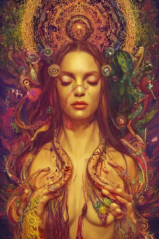 Prompt: a centered full body photo of alluring mystical goddess festival hippies with tribal paintings surrounded by a underwater ink pour and flowing liquid galium and sacred geometry, perfect face, powerful, cinematic, beautifully lit, by artgerm, by karol bak, by viktoria gavrilenko, 3 d, trending on artstation, octane render, 8 k