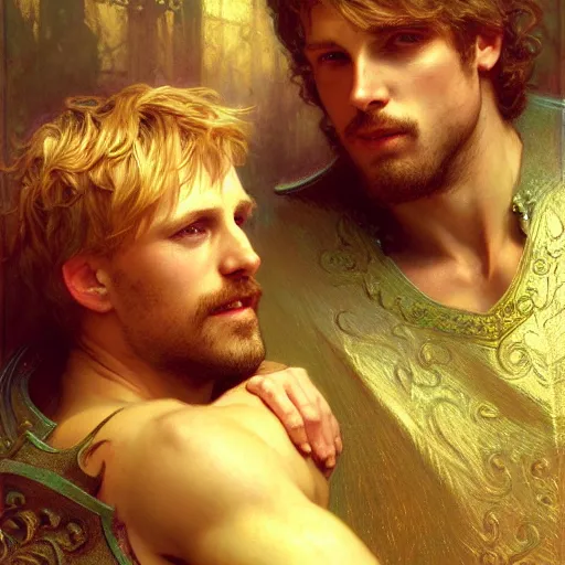 Image similar to attractive arthur pendragon and his attractive male knight, they are in love, natural lighting, path traced, highly detailed, high quality, digital painting, by gaston bussiere, craig mullins, alphonse mucha j. c. leyendecker