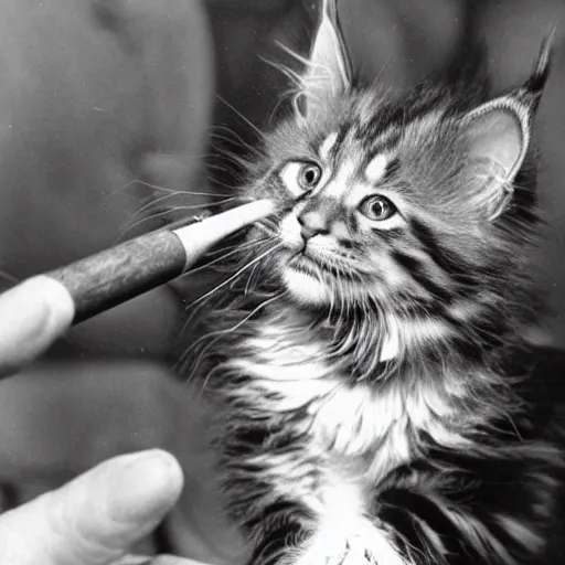 Image similar to close up of a maine coon kitten smoking a sigar, ww 2, black & white