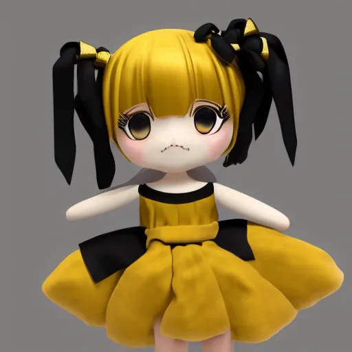 Image similar to cute fumo plush of a girl in gold and black who is energetic, anime girl, stylized rendering, vray