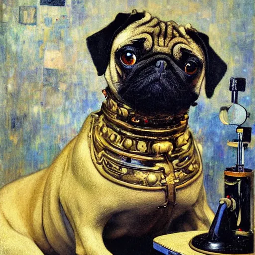 Image similar to pug dog robot smoking a hooka, intricate detail, painting, jazz age, klimt, royo, frazetta, whealan,