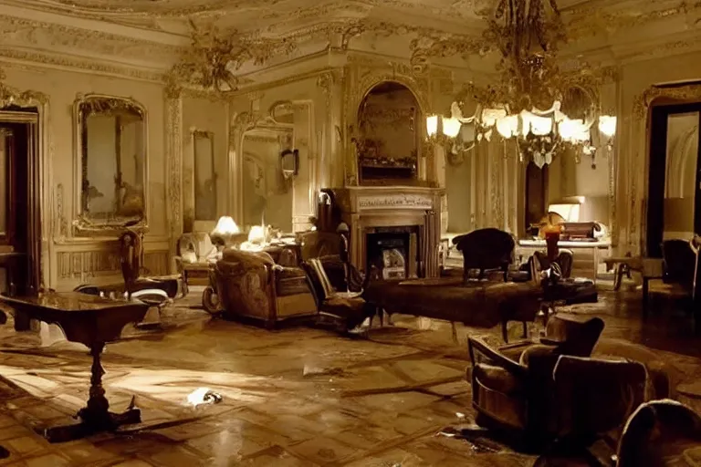 Image similar to cinematography of detectives investigating a crime scene in an decadent mansion foyer by Emmanuel Lubezki