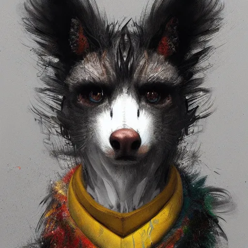 Prompt: Portrait furry ears snout collar neck paws Dragon ASPCA National Geographic Wikipedia Demiurge pet adoption quill splatterpaint rorschach 4k artstation unreal engine render robert rauschenberg giorgio de chirico greg rutkowski