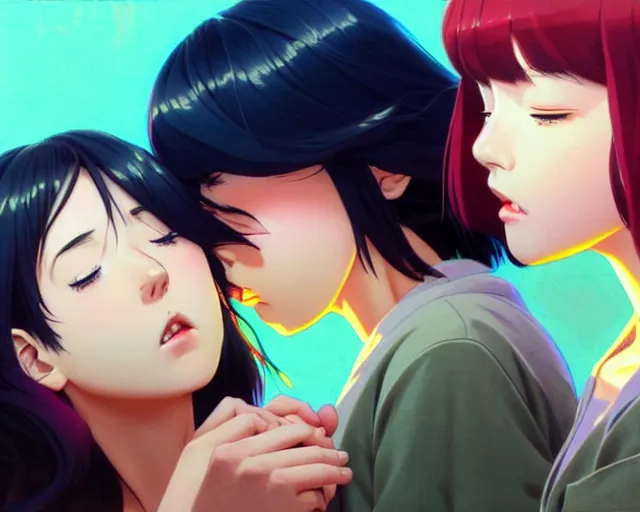 Image similar to two girls kissing | very very anime!!!, fine - face, audrey plaza, realistic shaded perfect face, fine details. anime. realistic shaded lighting poster by ilya kuvshinov katsuhiro otomo ghost - in - the - shell, magali villeneuve, artgerm, jeremy lipkin and michael garmash and rob rey