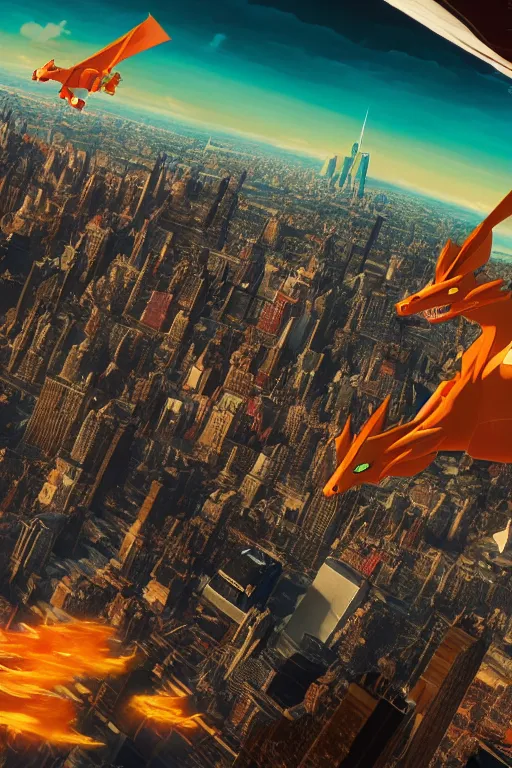 Image similar to charizard flying above new york, cybertronian, long shot, cinematography by wes anderson, 4 k octane render, intricate detail, photorealistic, cinematic lighting, artstation