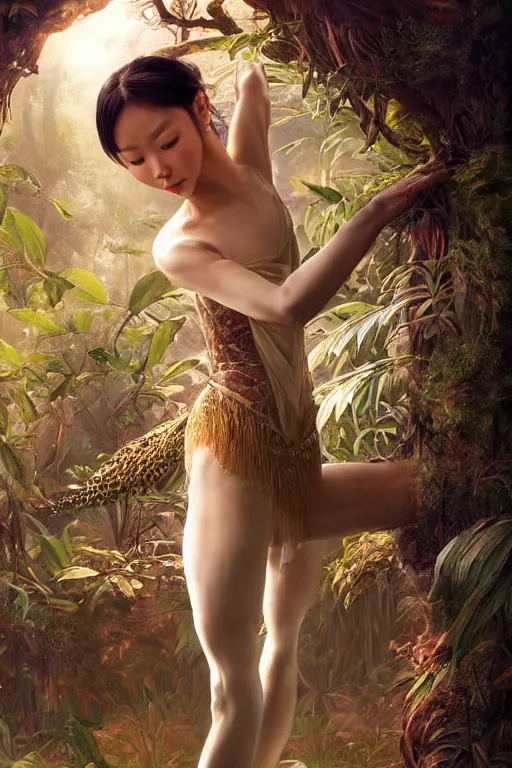 Image similar to stunningly beautiful, asian prima ballerina in jungle, symmetrical face, golden hour, smooth, focus, highly detailed, hyper realistic, dramatic lighting, elegant, intricate, concept art, art by wlop, mars ravelo, greg rutowski