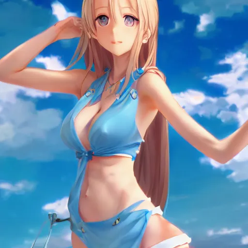 Image similar to a very beautiful mature yuuki asuna, full body, long wavy blond hair, sky blue eyes, full round face, bikini, miniskirt, front view, mid - shot, cute pose, highly detailed, cinematic wallpaper by stanley artgerm lau