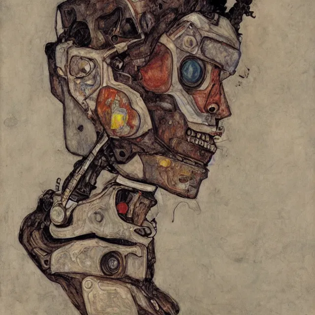 Image similar to portrait of a robot by egon schiele in the style of greg rutkowski