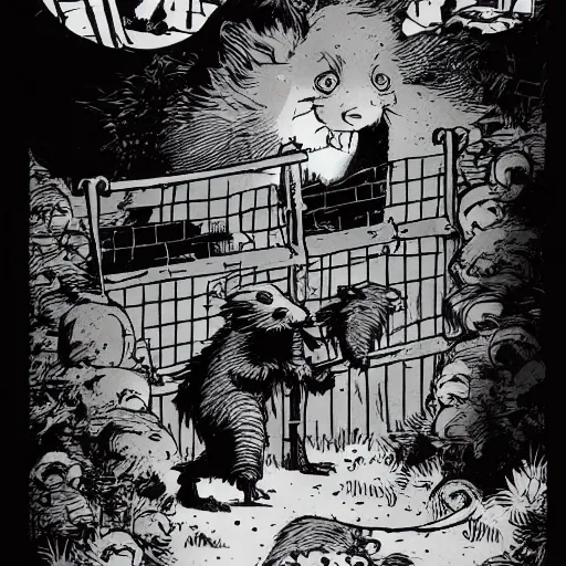 Image similar to A ferret walking on top of a fence. Dark Fantasy, Film Noir, Black and White. High Contrast, Mike Mignola, D&D, OSR