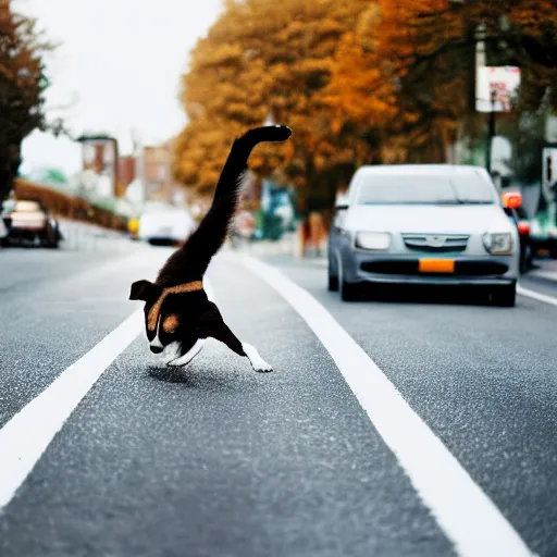 Image similar to a dog doing a hand stand in the middle of a busy road, realistic, 35mm photograph