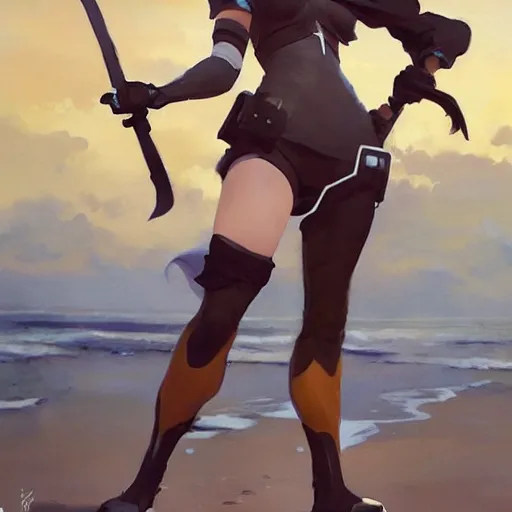 Prompt: greg manchess painting of tracer from overwatch as 2 b nier automata on the beach holding a sword, organic painting, sunny day, matte painting, bold shapes, hard edges, street art, trending on artstation, by huang guangjian and gil elvgren and sachin teng