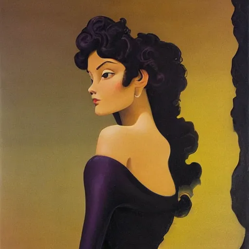 Image similar to a oil painting of a fair skin with dark curly stylised hair queen wearing dress, by hans emmenegger, by bruce pennington, by eyvind earle, by nicholas roerich, by frank frazetta, by georgia o keeffe, highly detailed, realistic, concept art, jewels, tiles curtains, oriental, desaturated