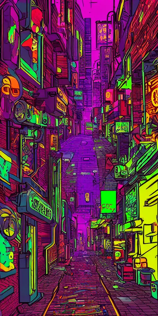 Prompt: cyberpunk alley, pop art, markers, rtx, 8 k, ray tracing, highly detailed, neon, single person