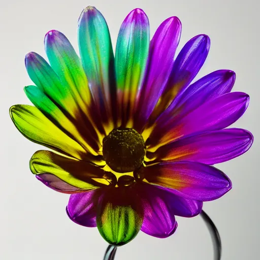 Prompt: An ultra high definition studio photograph of an alien flower that is (((wilting))) in a simple vase on a plinth. The flower is multicoloured iridescent. High contrast, key light, 70mm.