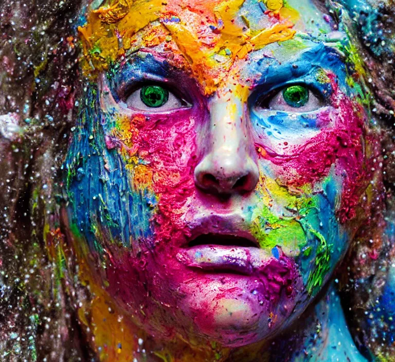 Prompt: still shot footage of a closed eyed female greek god statue's head morphing into paint frottage, and decalcomania, acrylic pour and coloured powder explosion and splashing paint and dripping paint and flying paint chunks, embossed paint, motion blur, hyperrealistic, intricate art photography, hyperrealistic, anatomically correct, realistic crisp textures, 1 6 k,