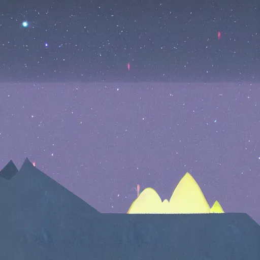 Prompt: game design of a mountain with a beam of light coming out of the top and a city at the bottom of it, there is lots of random shapes in the night sky, game design