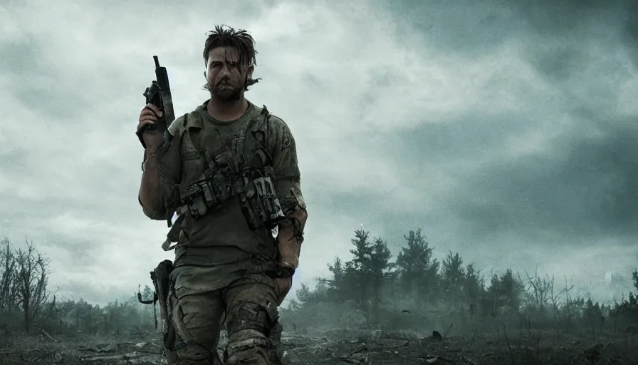 Image similar to movie screenshot. lone survivor man holding walkie - talkie in post - apocalyptic nature landscape, movie poster, shallow depth of field, cinematic. cinematic composition