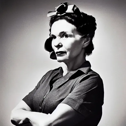 Prompt: a photograph portrait of Rosie the riveter by Annie Leipovitz