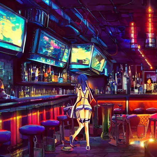 Prompt: Cinematography, anime girl in a bar, cyberpunk city, hyper detailed, 4k