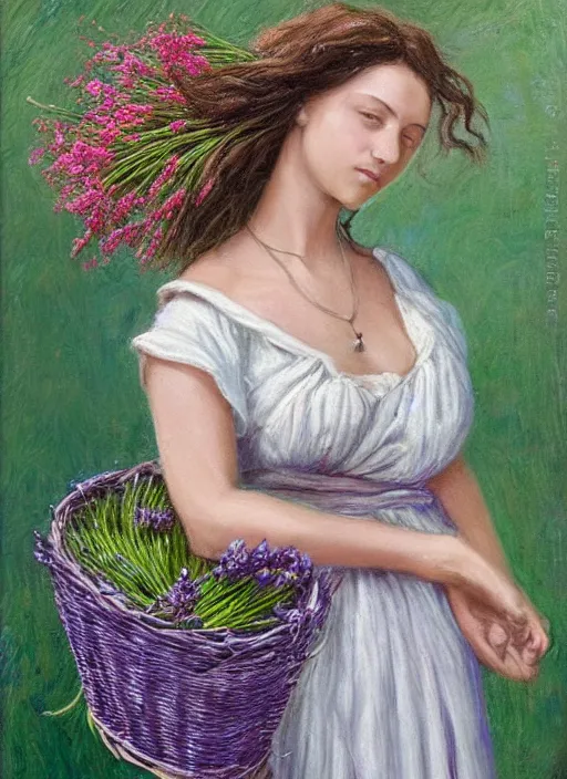 Image similar to a stunning intricate portrait of A beautiful woman, She's carrying a basket of flowers, and she has a sprig of lavender in her hair