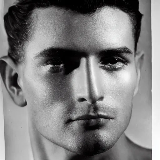 Prompt: a beautiful close - up of an arabic male actor from the 1 9 3 0 s. high cheekbones. good bone structure. dressed in 1 9 4 0 s style. butterfly lightning. key light sculpting the cheekbones. by george hurrell.