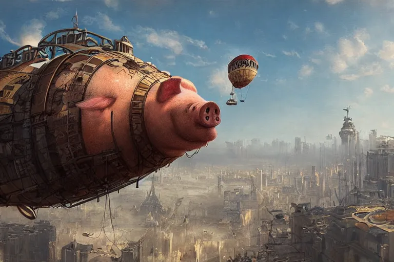 Image similar to a PIG HEAD, pig-blimp, steampunk, digital art, extremely detailed, flying over a city, greg rutkowski, cinematic