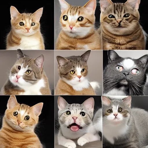 Image similar to a cat laughing from multiple angles collage photo, meme format,