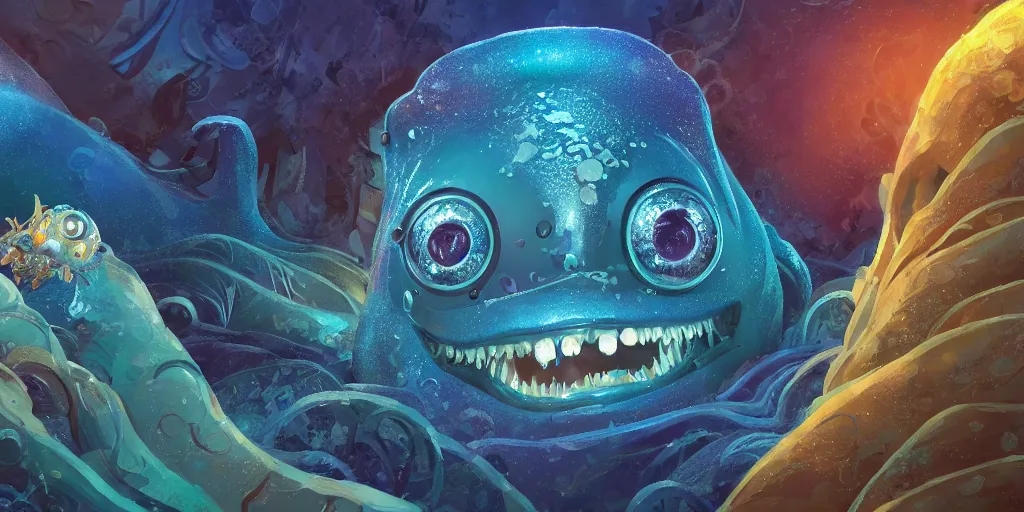 Image similar to of an intricate deep sea with strange cute friendly happy creatures with huge eyes, long tongue, round teeth and goofy funny face, appearing from the background, in the style of gehry and gaudi, macro lens, shallow depth of field, ultra detailed, digital painting, trending artstation, concept art, illustration, cinematic lighting, photorealism, epic, octane render