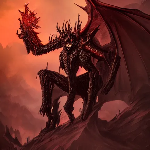 Image similar to dark fantasy concept of a vampire dragon god, with dark matter and molten armor on a mountain, cinematic, dynamic lighting, photorealistic, ultra detailed, trending on art station, stunning visuals, creative, hyper detailed