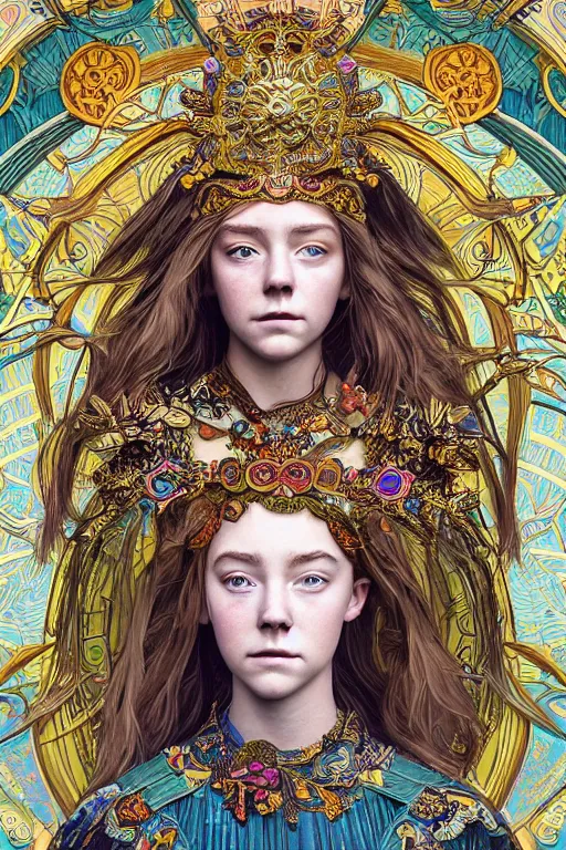 Image similar to a colorful head and torso art nouveau portrait of a 16-year old sun goddess who resembles Saoirse Ronan and Anya Taylor Joy with a worried, intense gaze and slightly opened mouth, ornate intricate iridescent battle armor, intricate, elegant, highly detailed, digital painting, artstation, concept art, smooth, sharp focus, illustration, art by John William Waterhouse and Bouguereau and Donato Giancola and alphonse mucha