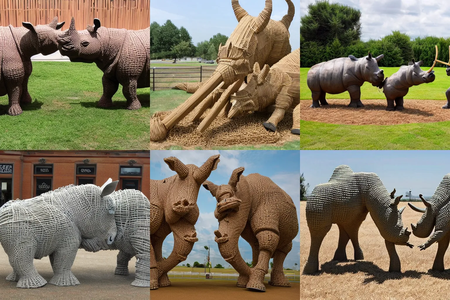 Prompt: Giant straw sculpture of two rhinos fighting