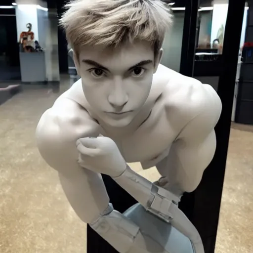 Image similar to “a realistic detailed photo of a guy who is an attractive humanoid who is half robot and half humanoid, who is a male android, twitch streamer Ninja Tyler Blevins, shiny skin, posing like a statue, blank stare”