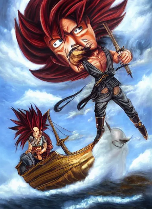 Prompt: epic fantasy portrait painting of a long haired, red headed male sky - pirate in front of an airship in the style of the dragonball