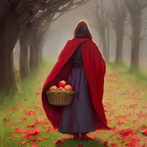 Image similar to a girl with a red cloak holding a basket full of apples, by Jordan Grimmer and greg rutkowski, crisp lines and color,
