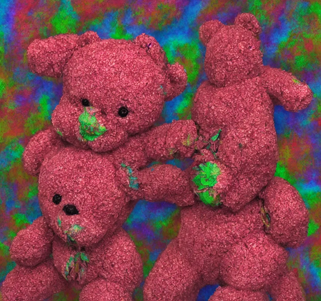 Image similar to digital art hyper realism body horror studio lighting strawberry teddy bear technicolor 3 5 mm