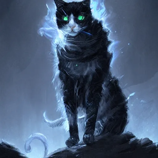 Prompt: black and white cat sorcerer, dnd fantasy digital art by Greg Rutkowski, extremely neon blue accents, extremely detailed fur, fire in the distance