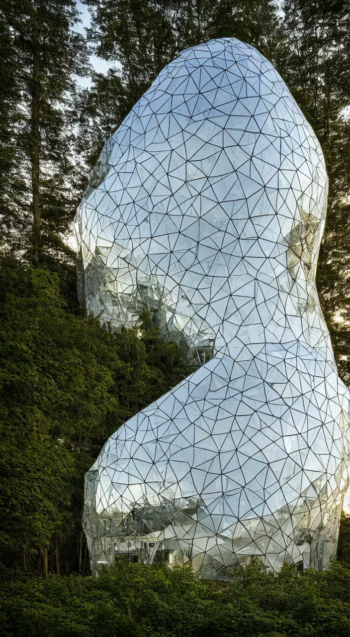 Prompt: a photo of a contemporary glass building shaped like a quartz at dusk, in a forest covered in ivy and crystal formations. the crystal is opaque white. light from the windows, modern natural architecture, rule of fifth, golden ratio