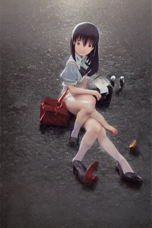 Image similar to 3d octane render portrait a stern girl in Japanese maid's clothes and long stockings sits on the wet pavement in a parking lot in the rain at night. art by hayao miyazaki and Ruan Jia and Mandy Jurgens and Artgerm and William-Adolphe Bouguerea Sakimichan, oil painting